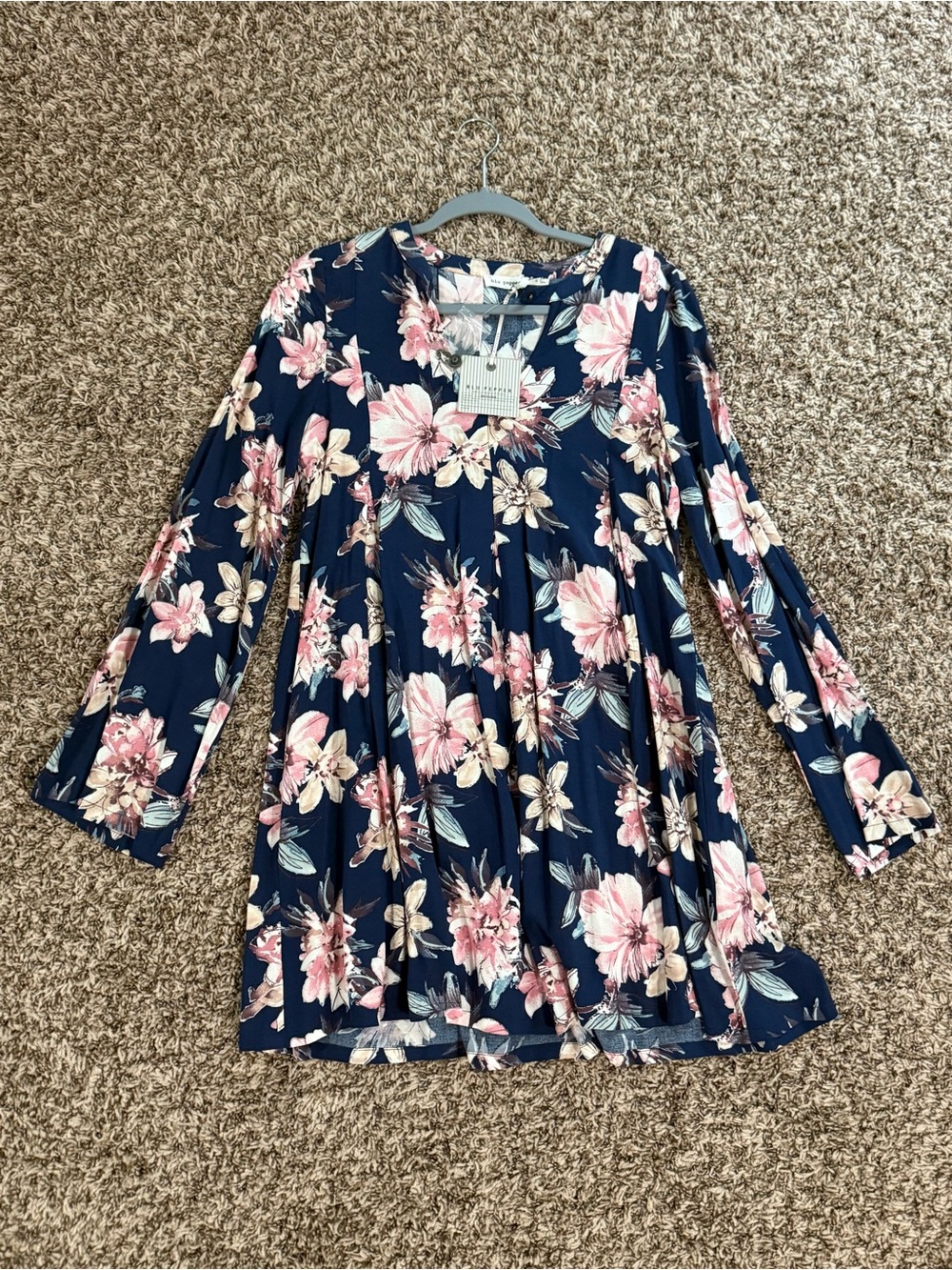 (2 for the price of 1!)Navy Floral Long Sleeve Swing Dress -Pink & Cream Flowers